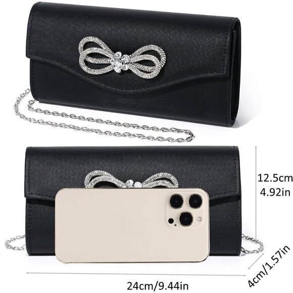 Women Black Shiny Crystal Bow Flap Clutch Wedding Party Handbag - Picture 4 of 9